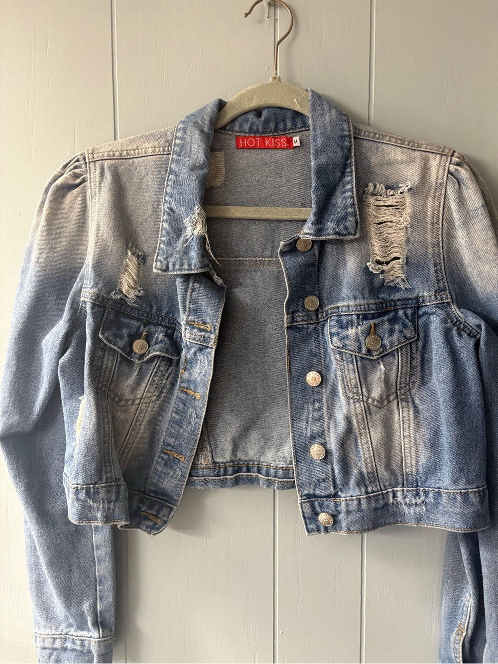 Hot Kiss Light Blue Distressed Cropped Denim Jacket